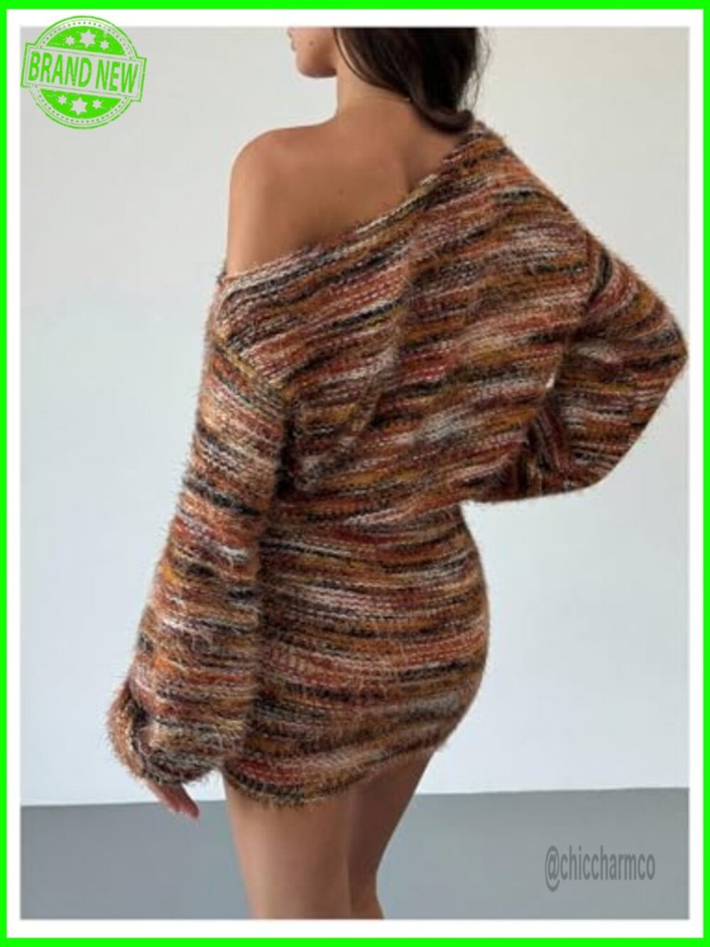 Womens Fuzzy Marled Knit Sweater Dress Asymmetrical Neck Long Sleeve Mini - Picture 2 of 5